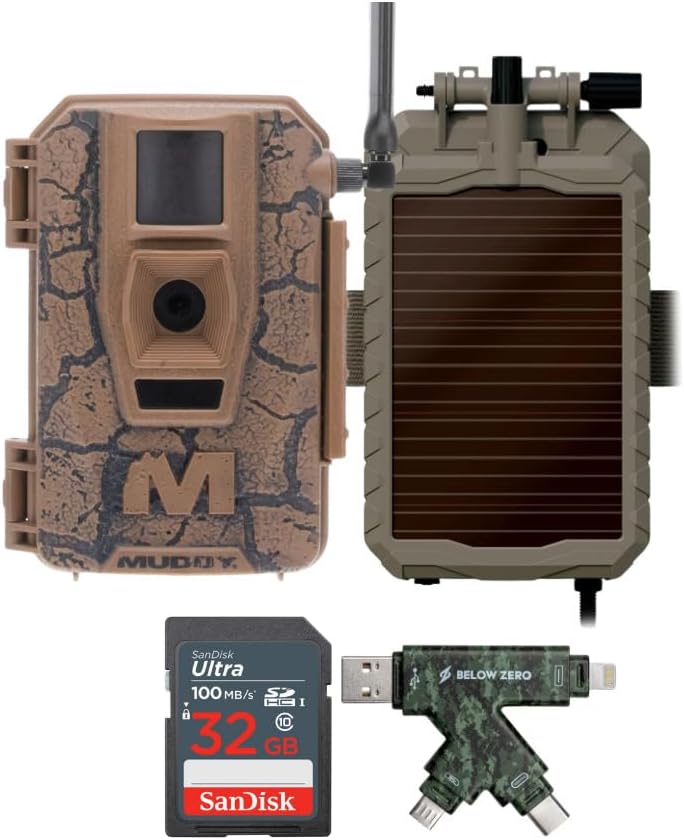 MUDDY Mitigator Cellular 24MP Imaging Trail Camera Bundle with 5000mAh Lithium-Ion Solar Battery, 32GB Memory Card, and Card Reader (4 Items)