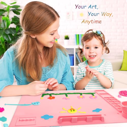 iArtker Silicone Painting Mat with Cup and Palette, 20"×16" Non-Slip Silicone Craft Art Mat with Stand and Lid for Painting, Resin, DIY, Pink