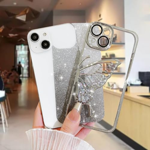 Image of SHINESTAR 3D Butterfly Case for iPhone 13 Cover, Cute Girly Glitter Bling Luxury Back Cover for Women Girls Protective Shockproof Slim Camera Protection (or iPhone 13 - Silver