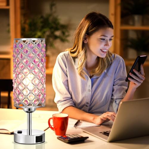 Image of Hong-in Crystal Lamps Set of 2, 3 Way Dimmable Touch Lamp with Crystal Shade, Bedside Nightstand Lamps for Living Room Bedroom Home Office(Purple)