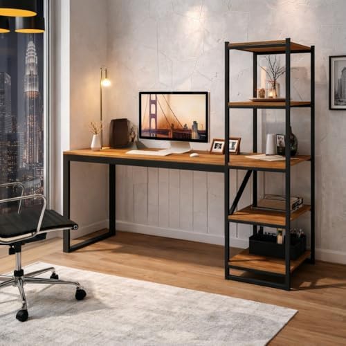 Escrivaninha Industrial，Escrivaninha Estudo Home Office Industrial Para Escritório Mesa Trabalho Penteadeira Com Prateleiras(Canela)