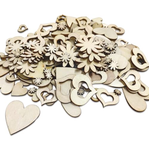 Lot de 500 copeaux de bois décoratifs en forme de cœur, 50 pièces de copeaux de bois floraux, écussons décoratifs faits à la main, pour Noël, mariage, anniversaire