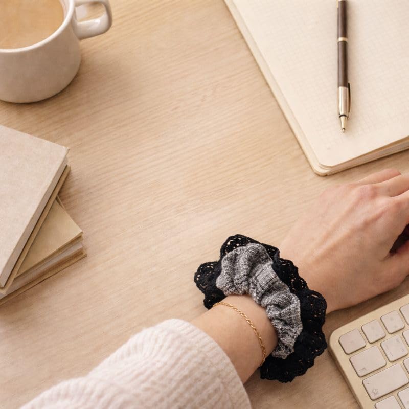 Oversized Lace Hair Scrunchies for Women, Cotton Linen Fabric Hair Ties, Gentle No Pull Elastic, Frizz Control & Thick Hair Friendly, Vintage Style, 2 Pack