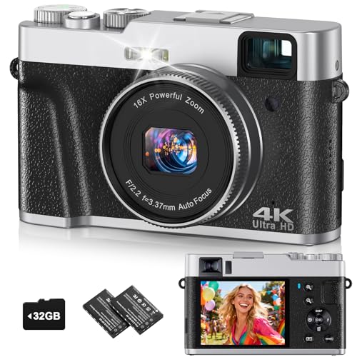 4K Digital Camera for Photography, 48MP Autofocus Vlogging Cameras with 16X Digital Zoom, 2.8' LCD Point and Shoot Camera for YouTube, Anti-Shake Compact Cameras with 32GB Micro SD Card & 2 Batteries