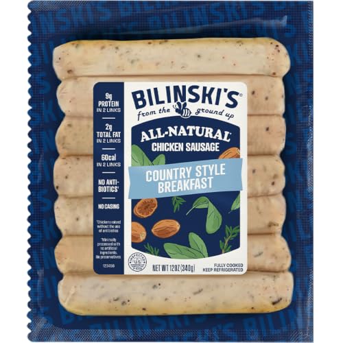 Bilinski's All-Natural Country-Style Chicken Breakfast Sausage, 9g Protein/60 Calories, Fully Cooked, GAP Certified Chicken, No Antibiotics, No Nitrates, No Additives, Casing Free, 12oz