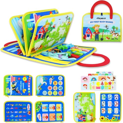 Steve and Maggie My First Busy Board English Learning Themed Montessori Toys for 3+ Year Olds Sensory Early Development & Activity Toys Farm Busy Book for Travel Boys Girls Birthday Presents