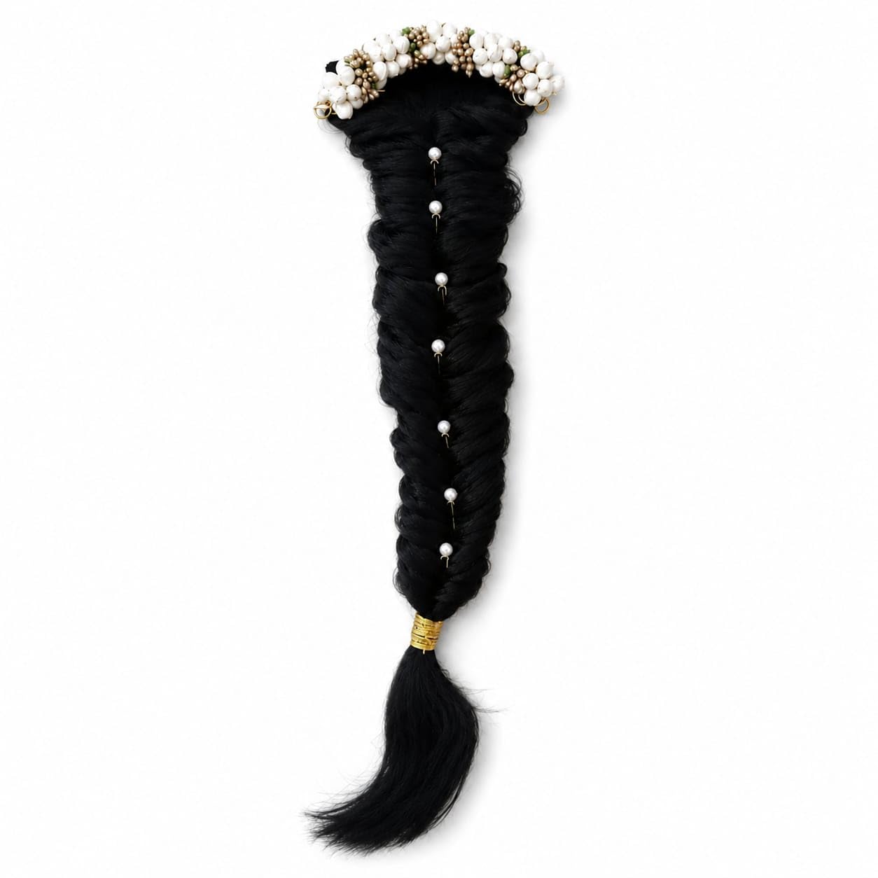Premium Artificial Hair Braid w with clip system and 12 pcs Pearl pin & White-Maroon Flower Gajra | Long Black Synthetic Hair Extension | Traditional Bridal Hair Accessory for Women & Girls | Wedding, Temple Dance & Festival Wear (white and gold)-picture-36