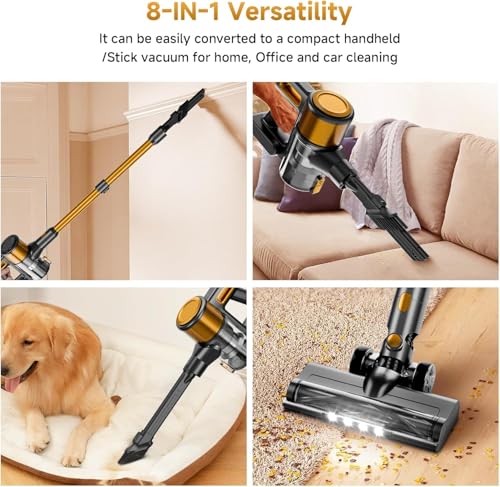 Image of Cordless Vacuum Cleaner, 8 in 1 40Kpa 55Mins,Lightweight Vacuum Cleaners for Home, Stick Vacuum with Anti-Tangle Brush,Wall Mount, Rechargeable Cordless Vacuum for Floor /Sofa /Pet Hair,Golden