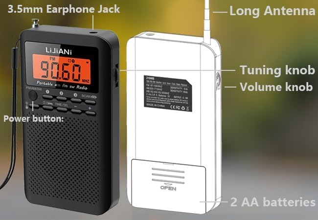 Diagram of LIJIANI RD218 radio showing battery compartment and controls