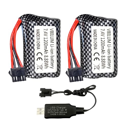 VBILUM 7.4V 1200mAh 8.88Wh Li-Ion Akku für RC Boot 2008 R206 R208 R308 TX123 V003 mit Ladekabel (2 Stück)