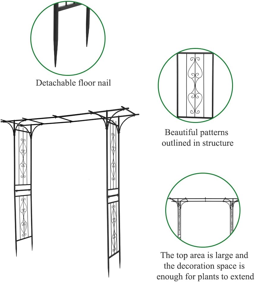 85" Metal Garden Arch Trellis for Climbing Plants, Large Flat Top Iron Arbor for Wedding Events & Backyard, Rustproof Outdoor Flower Support Rack for Roses & Vines, 6.7ft Wide, Black