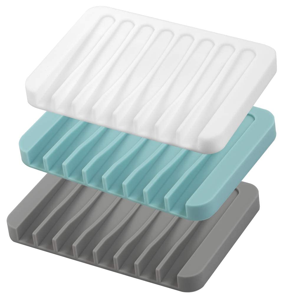 Duomama3PCS silicone self draining soap dish - bathroom drain soap box - extends soap life, keeps soap dry and clean - easy to clean