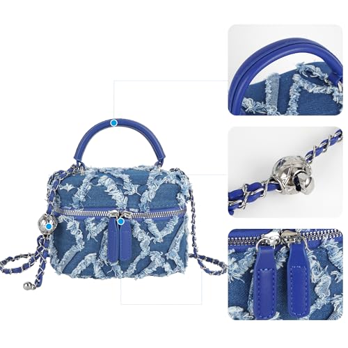 Image of Women Denim Mini Bucket Shoulder Crossbody Bag Drawstring Quilted Distressed Tassel Barrel Shape Satchel Purse