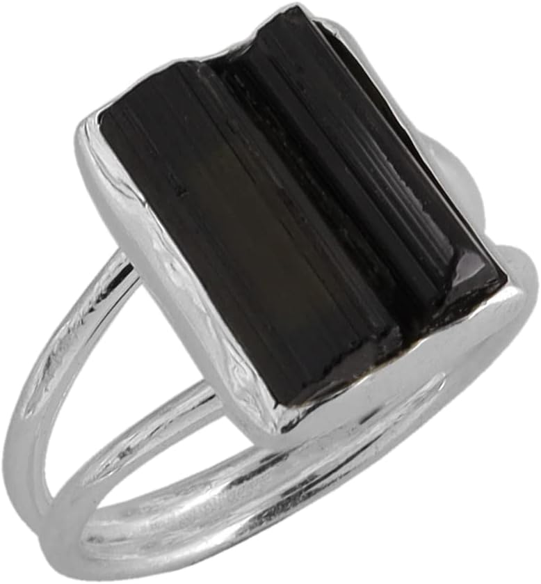 Black Tourmaline Ring | Raw Black Tourmaline Silver Ring | October Birthstone | Genuine Rough Tourmaline Handmade Ring | Sterling Silver 925