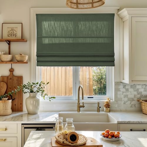 Image of TWOPAGES Isabella No Drill Cordless Roman Shade Linen Textured Cotton Roman Blind for Windows, Custom Made Room Darkening Blackout Roman Window Shade, Hardware Included, Hunter Green, 1 Piece