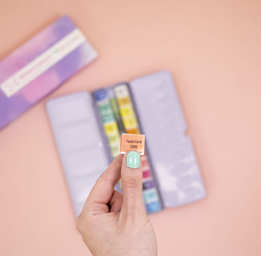 Craftelier - Caja de Pastillas de Acuarelas con Surtido de 24 Colores + Pincel con Depósito de Agua o Waterbrush para Caligrafía, Lettering o Mixed Media y otras Manualidades | Alta Pigmentación