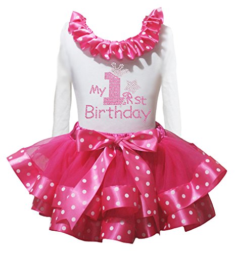 Camiseta primer cumpleaños blanca manga larga y falda de lunares rosa bebé para niña