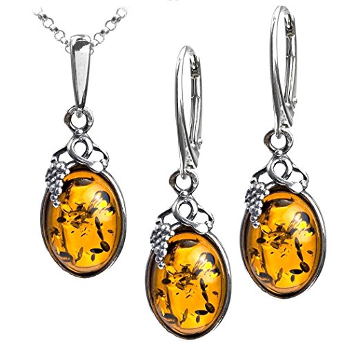 Noda Parure boucles d'oreilles et collier avec pendentif Grappes de raisin Ambre véritable Argent sterling 46 cm
