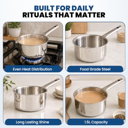 Image of Triply Stainless Steel Sauce Pan | 16cm 1.5L Tea Chai Milk Pan | Strong Stainless Steel Handle | Non Toxic Rust Free | Induction Gas Electric Ceramic Compatible | Durable Everyday Cookware