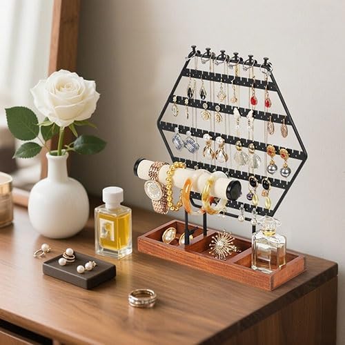 Desktop Jewelry Organizer Stand, Metal Earring & Necklace Holder With Wooden Catchall Tray For Bedroom, Bathroom Or Closet - Image 2