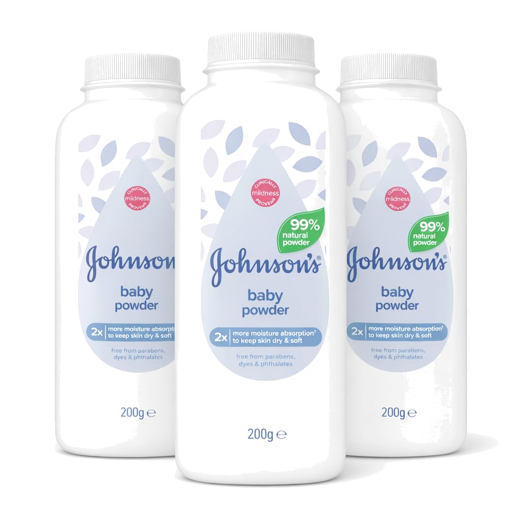 Johnson's Baby Powder, 200g (Pack of 3), 600g Total Multipack – Mild & Gentle Formula for Delicate Skin, Absorbs Moisture to Keep Skin Soft & Dry, Clinically Proven Mildness