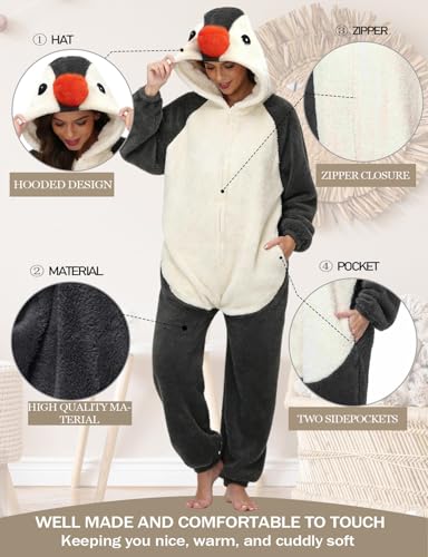chuangminghangqi Tierkostüm Onesie Gemütlicher Winteranzug Erwachsene Einteiler Schlafanzug Kuscheloverall Damen Flauschig Mit Kapuze Ganzkörper Pyjama Pinguin Kostüm (Pinguin,XL)