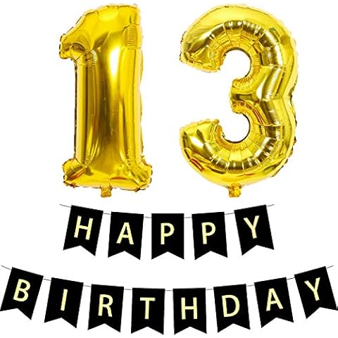 Senmaid Boys & Girls 13th Teenager Happy Birthday Banners Bunting Foil Balloons Party Decorations Black Gold (No Helium) Cover