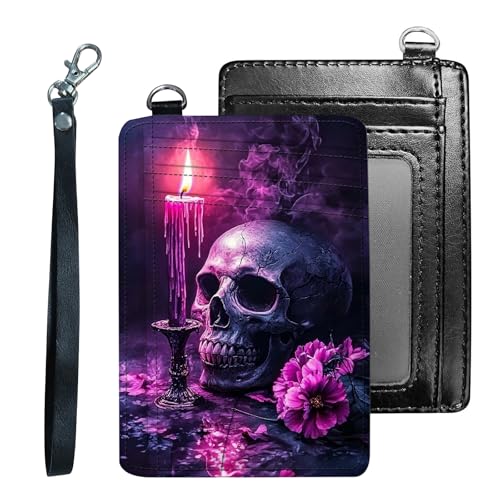 Credit Holder Slim Wallet, PU Leather RFID Blocking, Women & Men Front Pocket Small Card Holder, Credit Card Wallet with Wristlet, Convenient Travel Business, Skull Flowers and Candle