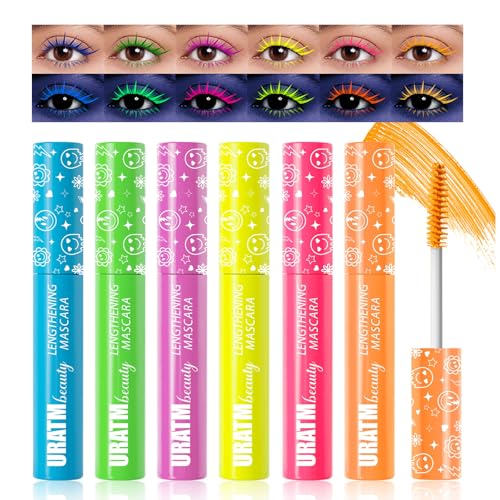 Gireatick Neon Mascara 6 Farben Fluoreszierende Mascaras Make-up, Wasserfest und Wischfest, Volumengebende und Verlängernde Mascara für Den Täglichen Gebrauch und Die Partynacht