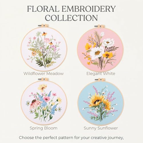 Image of Harimau Adult Beginner Embroidery Starter Kit, Complete Set with 4 Patterns, 2 Hoops, Needles, Scissors, Instruction Guide & Stitching Video Tutorials