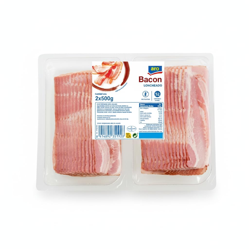 Bacon Loncheado - Panceta de Cerdo Ahumada 95% Carne - Pack 1kg (2x500g) Aprox. 52 Lonchas - Sin Gluten y Sin Lactosa - Aro - Ideal para Desayunos, Hamburguesas y Recetas - NEXU