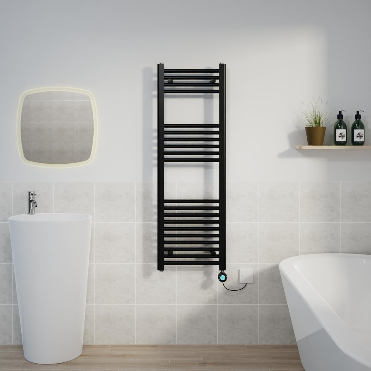 Warmehaus Black Electric Heated Towel Rail Straight Thermostatic Bathroom Towel Radiator With Timer - 1200X400mm 600W