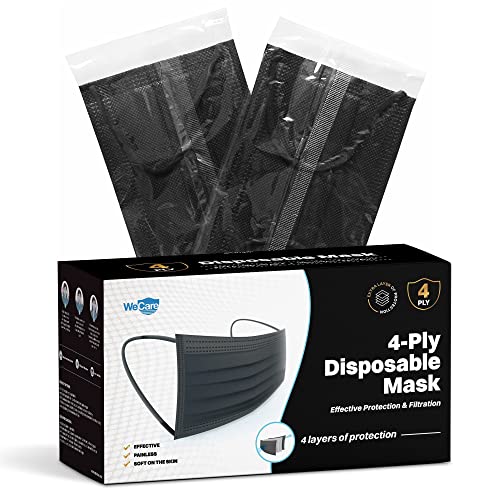 WECARE Disposable Face Mask Individually Wrapped – 50 Pack, Black 4 Ply Masks