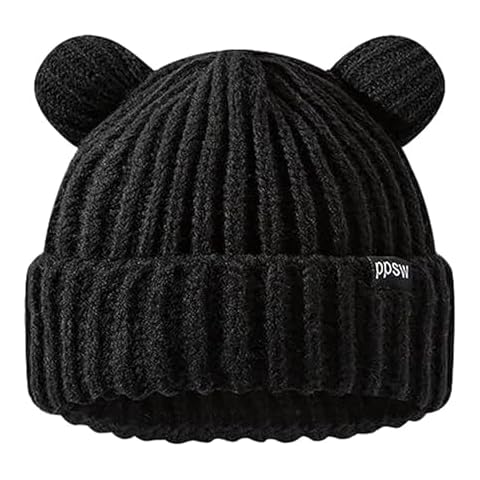 Ahouws Adult Knit Beanie Hat, Cute Bear Ears Hat Winter Warm Knitted Fleece Lined Woollen Ski Pompom Hat Cover