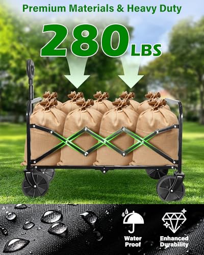 Image of Collapsible Wagons Carts Foldable Wagon, Foldable Wagon Cart with Wheels, Folding Wagons for Beach Camp Sports Garden, 2 Cup Holders /Lightweight Portable /Black /280 LBS
