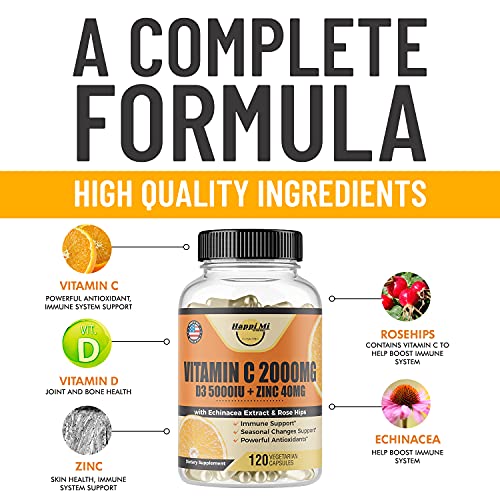 Happi Mi Nutrition Vitamin C 2000Mg, Zinc 40 Mg, Vitamin D3 5000 Iu, Echinacea Extract, Rose Hip, Immune Support For Adults & Kids, Immune Booster,120 Vegan Caps, 60 Day Supply, Non Gmo, No Filler #TOP2