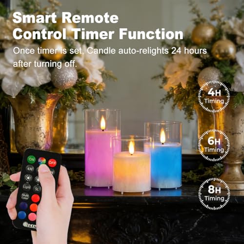Image of LEDHOLYT Rechargeable Ice Crystal Glass Flameless Candles, RGB Color Changing Realistic Flickering Flameless Candles with Remote & Timer,Best Festival Wedding Home Party Decor - Set of 3