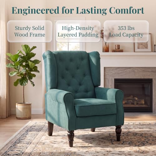 Image of Tufted Wingback Accent Manual Single Lounge Recliner Chair, Green | Tufted Wingback Accent Chair, Upholstered Single Lounge Chair with Solid Wood Legs
