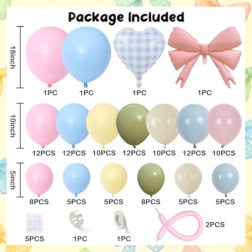 Image of Goose Balloon Arch Kit Pastel Pink Blue Sage Green Balloons Garland Bow Gingham Heart Foil Balloon One Silly Goose Birthday Party Decorations Girl Dusty Pink Blue Yellow Duck Baby Shower Gender Reveal