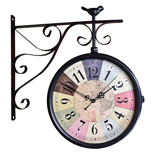KFETCN Reloj de Pared Retro de Doble Cara, Reloj de Pared de Doble Cara, estación de Esfera Retro con fijación de vástago, péndulo para jardín de casa Interior y Exterior