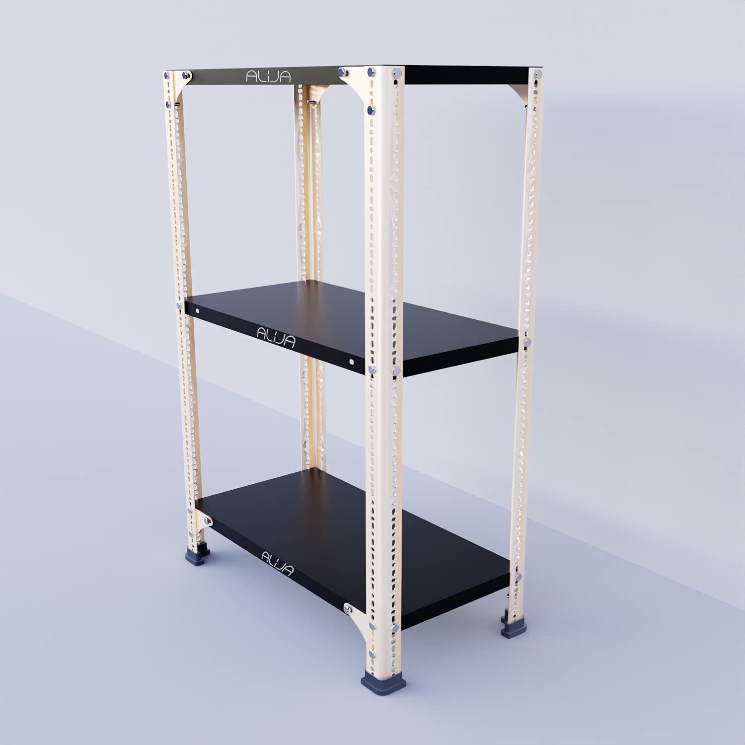 alija®️ slotted angle metal rack (3 x 2 x 1 ft. / 36 x 23 x 12 inch) with 3 shelves storage rack unit (ivory angle black shelves, 22 gauge shelves 16 gauge angle)