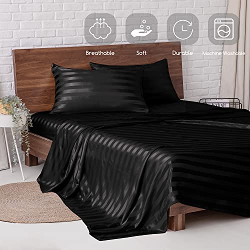 Image of MR&HM Satin Bed Sheets, Queen Size Sheets Set, 4 Pcs Silky Bedding Set with 15 Inches Deep Pocket for Mattress (Queen, Black Striped)