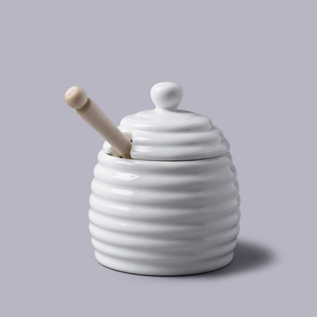 Honey Pot with wooden dipper (11cm) White Ceramic