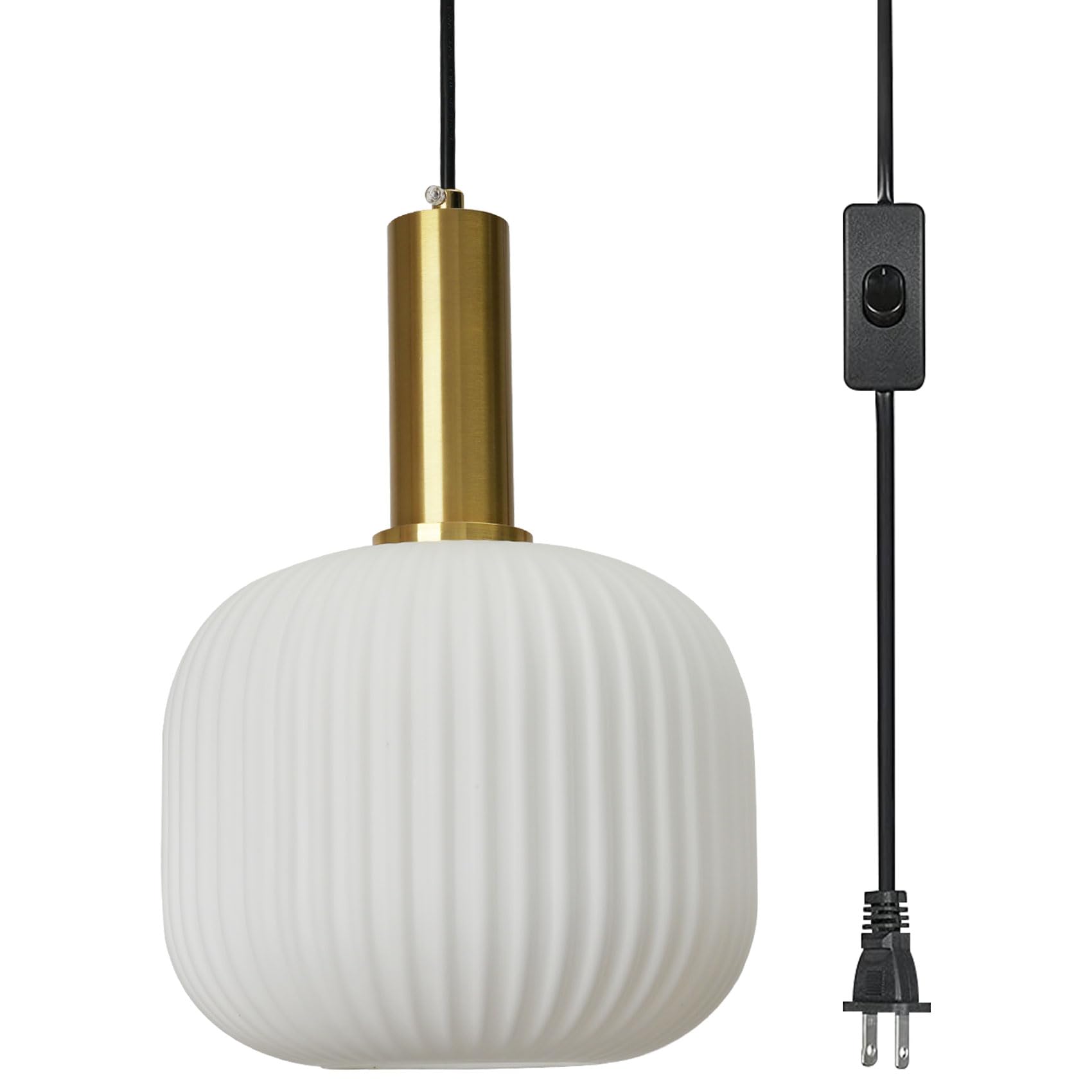 Mid Century Modern Pendant Light White Chandelier Ceiling Light Fixtures with Classic Striped Lantern Design, Plug in Hanging Light for Bedroom Living Dining Room Hallway