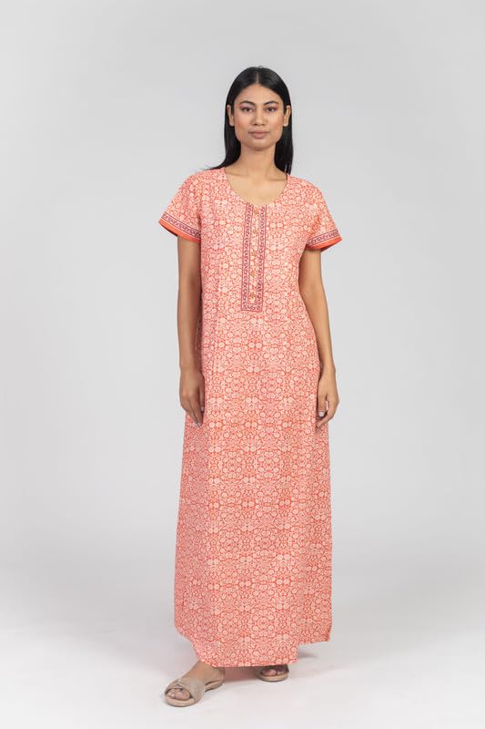 Image of NIHSAMAH Core Style Cotton Night Gown for Women with Pockets | Premium Printed Long Cotton Nighty | Comfortable & Fancy Sleepwear /Nightwear - L (Peach Colour)