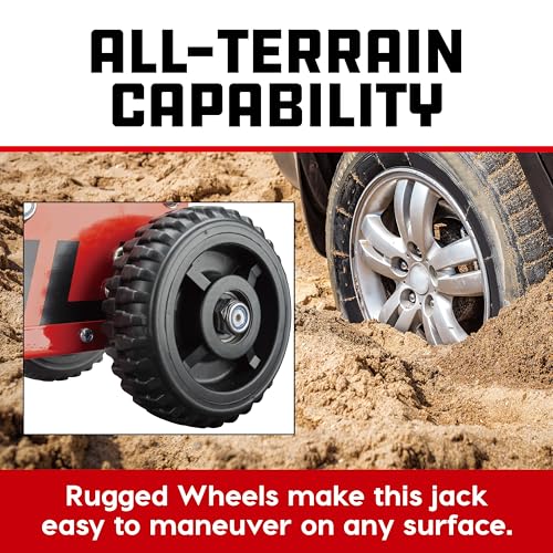 Image of Powerbuilt 1.5 Ton Big Wheel Off Road Jack, Vehicle Lift for Trucks, SUVs, ATVs Offroad Vehicles, Oversized Wheels for Rugged Terrain, 3000 LB Capacity, Orange 620704ECE