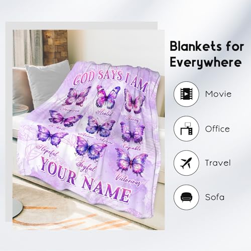 Custom Butterfly Blanket, Cozy Soft Throw Gifts for Teens Girls, 50x60 Inch Cute Flannel Blanket for Butterfly Lovers, God Says I Am Throw Blankets for Bed Travel