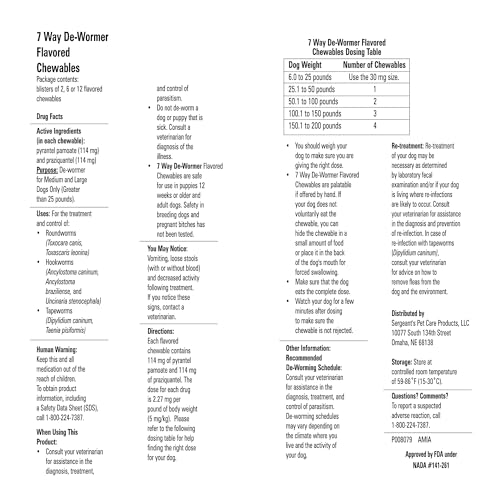 PetArmor 7 Way De-Wormer for Dogs, Oral Treatment for Tapeworm, Roundworm & Hookworm in Large Dogs & Puppies (Over 25 lbs), Worm Remover (Praziquantel & Pyrantel Pamoate), 2 Flavored Chewables