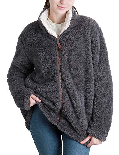 Jjyee Women's Long Sleeve Full-Zip Warm Winter Coats Fuzzy Shearling Fleece Sherpa Pullover Jacket with Pockets Dark Grey L
