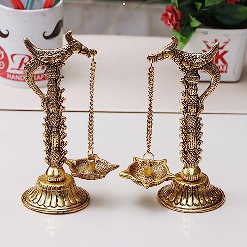 Image of Kridaykraft Parrot Design Metal Hanging with Chain Diya Pair of Parrot Design Bird Diya Deepak Oil Lamp Metal Gold Finish